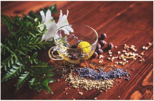 A glass mug with types of holistic therapy herbs