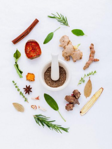 A pestle and mortar circled by herbs and spices